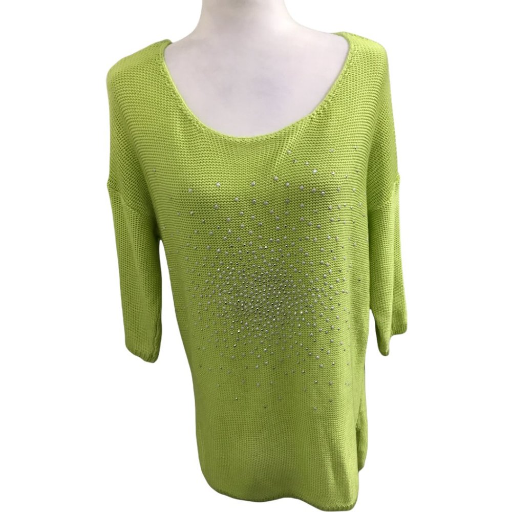Passports Women Size Regular M Medium Beaded Shirt Sleeve Blouse Green Top